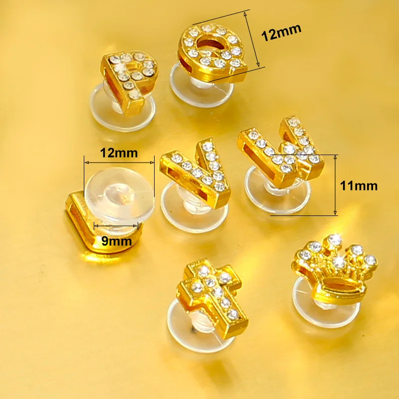 Golden Letters Crystal Diamond Alloy Charms Accessories Fashion Soft PVC Shoes Buckle Kids Decoration Design Wholesale 1Pcs