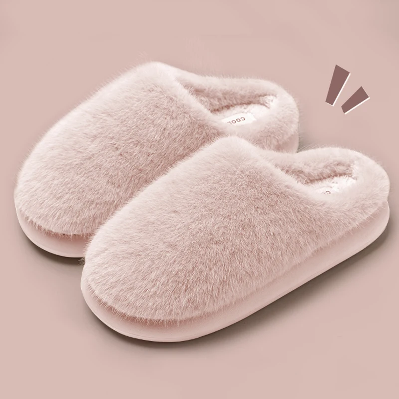 Winter Fluffy Furry House Slippers for Women Solid Color Plush Warm Cotton Shoes Woman Thick Soft Sole Faux Fur Indoor Slippers