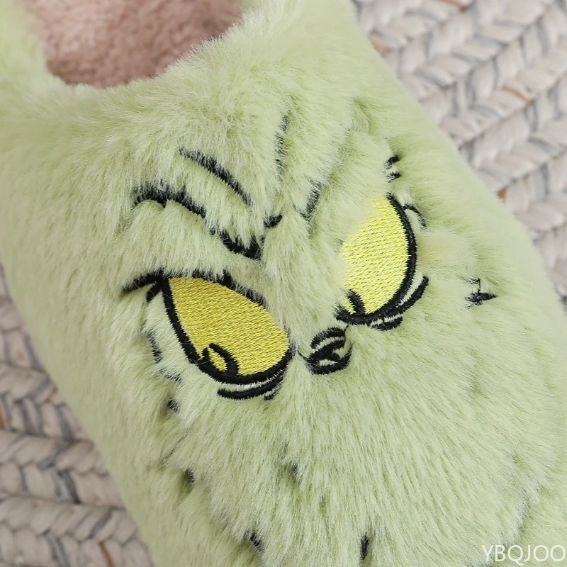 Autumn Winter Fashion New Plus Size Women's Home Slippers Indoor Lazy Green Fur Monster Plush Flat Bottom Comfortable Cotton Mop