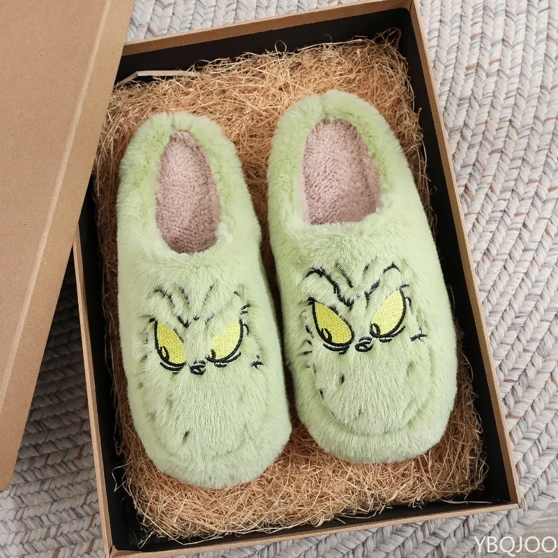 Autumn Winter Fashion New Plus Size Women's Home Slippers Indoor Lazy Green Fur Monster Plush Flat Bottom Comfortable Cotton Mop