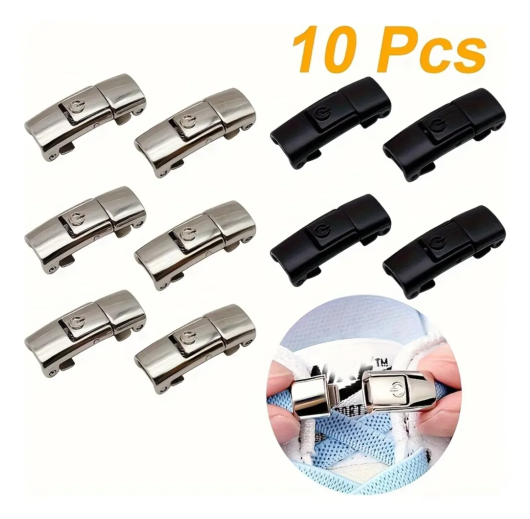 10Pcs Shoelaces Buckle Lock Metal Quick-Release No-Tie Shoe Laces Stylish Press-On Buckle Locks- Hassle-Free, Adjustable Fit