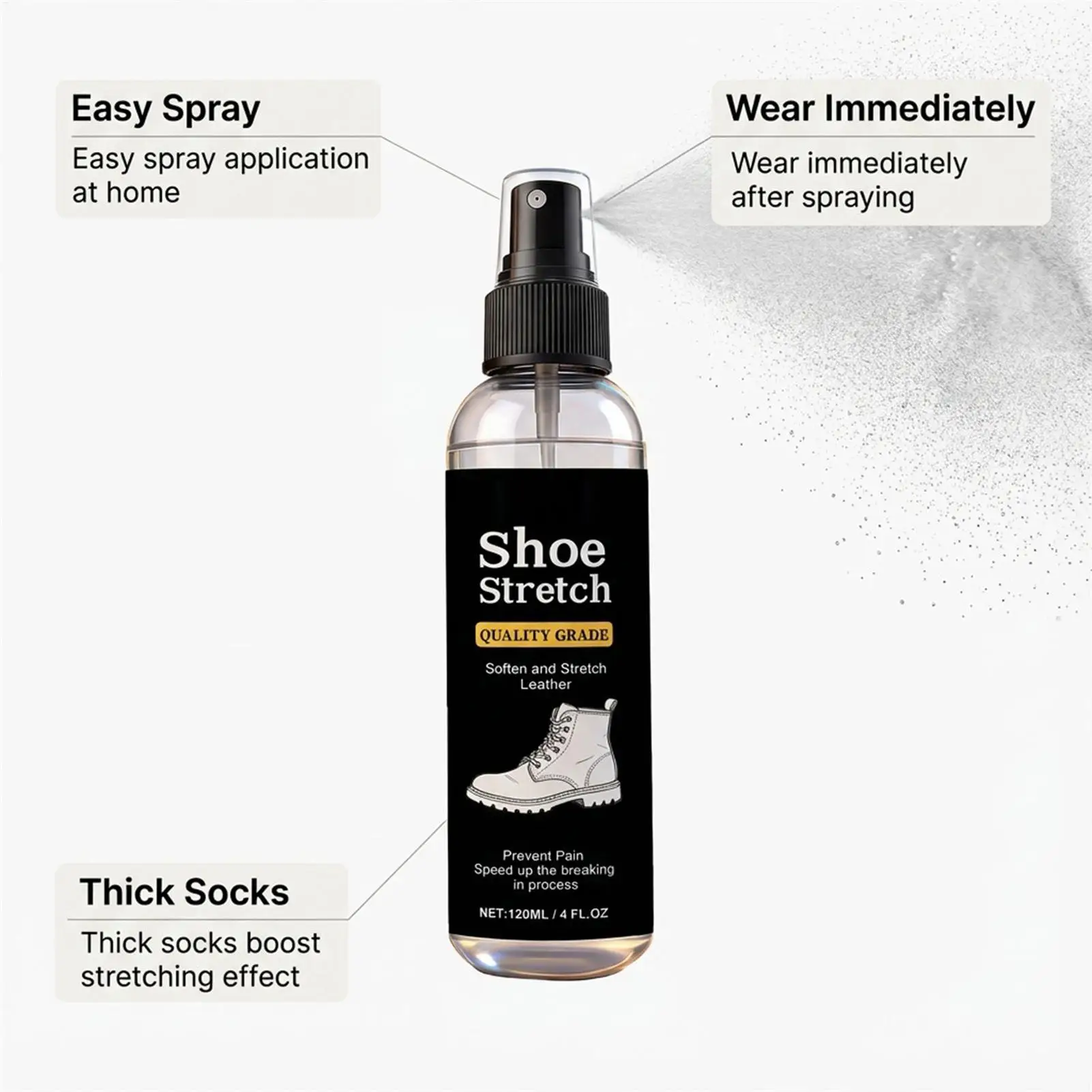 120ml Shoe Stretcher Spray Softening Stretching Liquid Professional Boot Stretcher Spray for Leather Suede Canvas Softeners