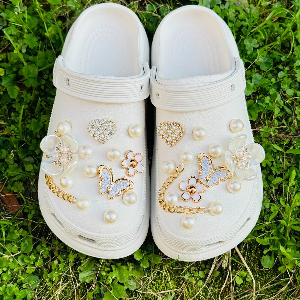 24PCS Summer Fashion Shoe Charms Set Accessories for Clogs Shoe Buckle Butterfly Pearl Flower Chain DIY Shoes Decorations