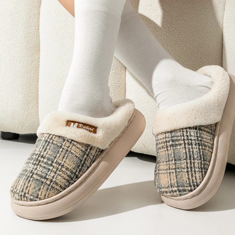 Women's Winter Warm Fur Slippers Stripe House Non Slip Shoes Comfort Flat Heel Home Indoor Bedroom Casual Plush Men Slippers