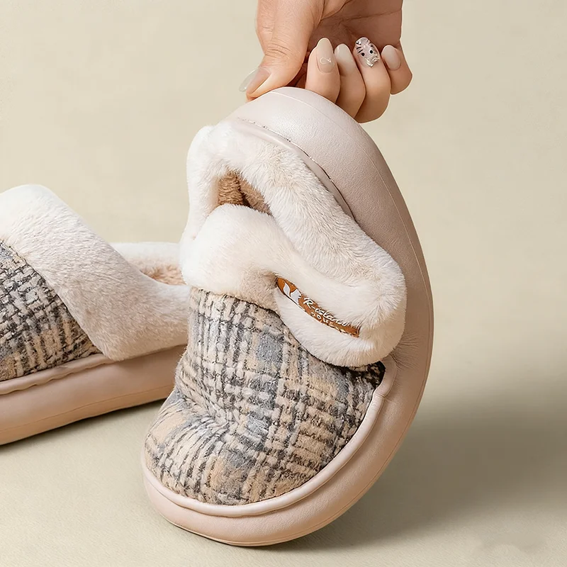Women's Winter Warm Fur Slippers Stripe House Non Slip Shoes Comfort Flat Heel Home Indoor Bedroom Casual Plush Men Slippers