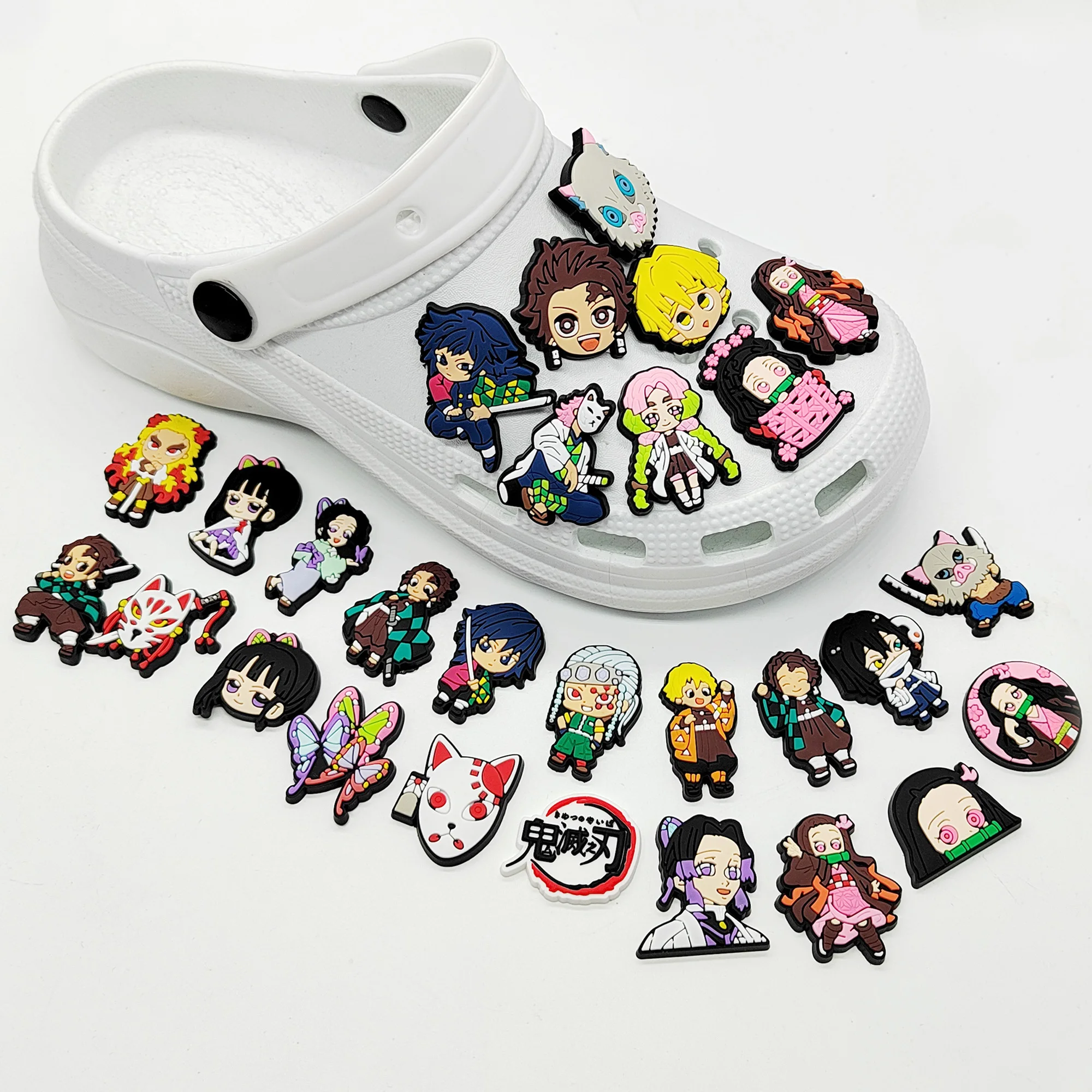 1-28pcs Demon Slayer Shoe Charms Cartoon Anime Haired Warrior Sandal Decoration Clogs Garden Shoes Accessories Kids Boys Gift