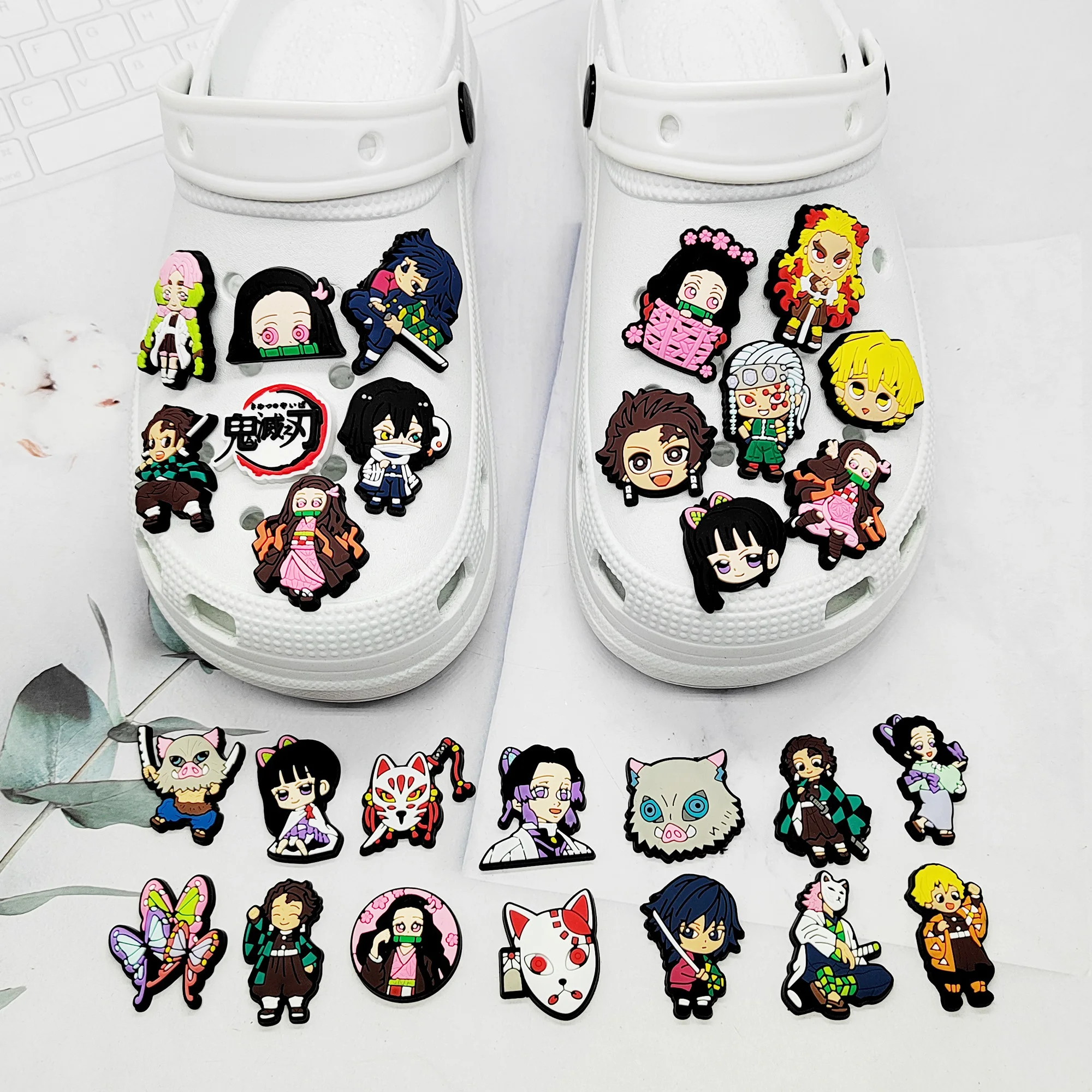 1-28pcs Demon Slayer Shoe Charms Cartoon Anime Haired Warrior Sandal Decoration Clogs Garden Shoes Accessories Kids Boys Gift