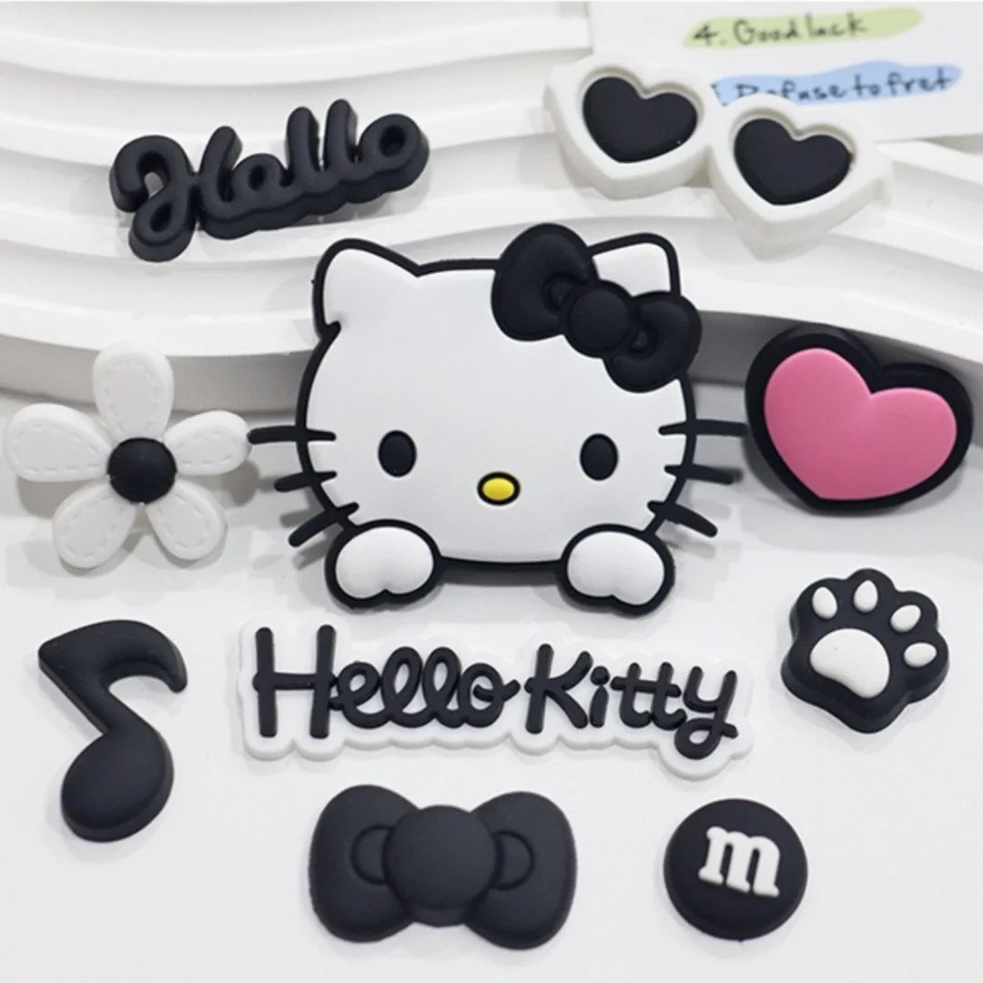 Pink & Black Relaxed Hello Kitty Cat Shoe Charms Set Cute Cat Shoe Flower Accessories For Sandals Female Girls' DIY Decoration