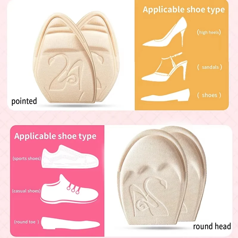 Forefoot Padding, Anti-Slip Outsole, Cushioned Half-Insole, Inner Insole, Size Reduction, Padded Forefoot Cushioning Padding.