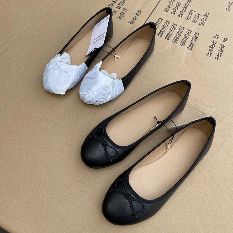 2026 Spring Elegant Bowknot Ballet Flats Classic Shoe Round Toe Comfort Slip-On Ladies Fashion Loafers Leather Mules Shoes