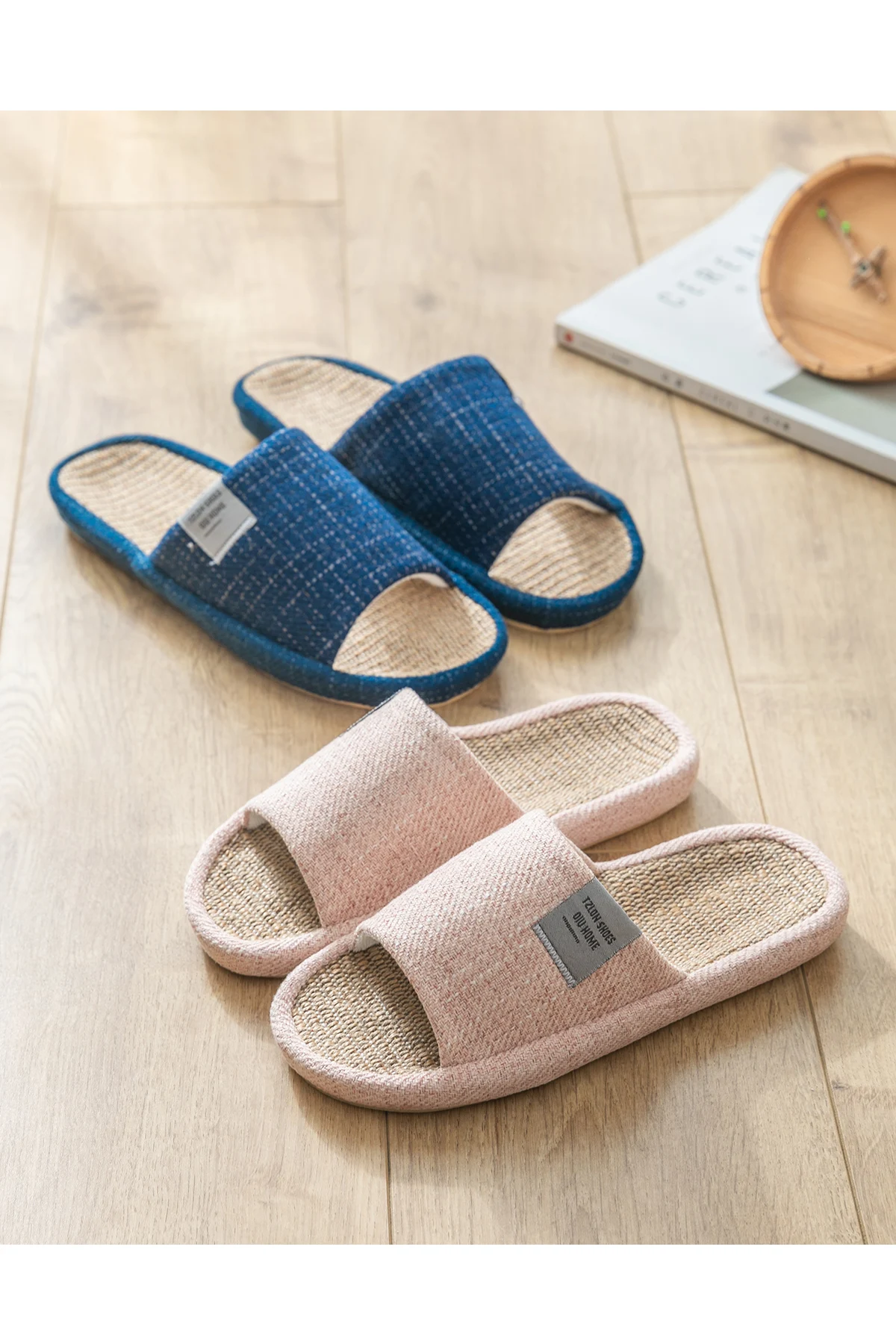 TZLDN Summer Women Home Slippers Linen Summer Lightweight Flat Sandals Breathable Comfortable Non-Slip Slides Indoor Men Slipper