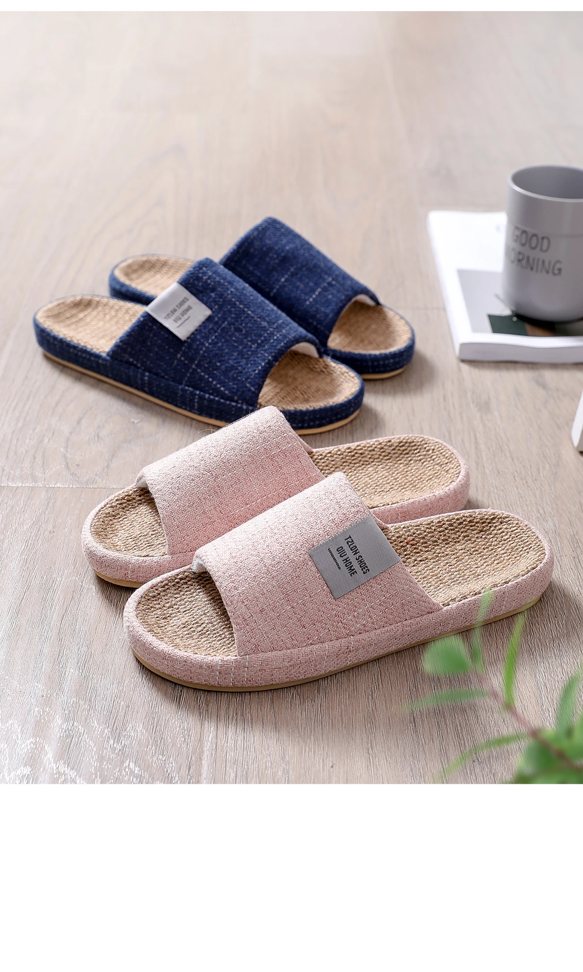 TZLDN Summer Women Home Slippers Linen Summer Lightweight Flat Sandals Breathable Comfortable Non-Slip Slides Indoor Men Slipper