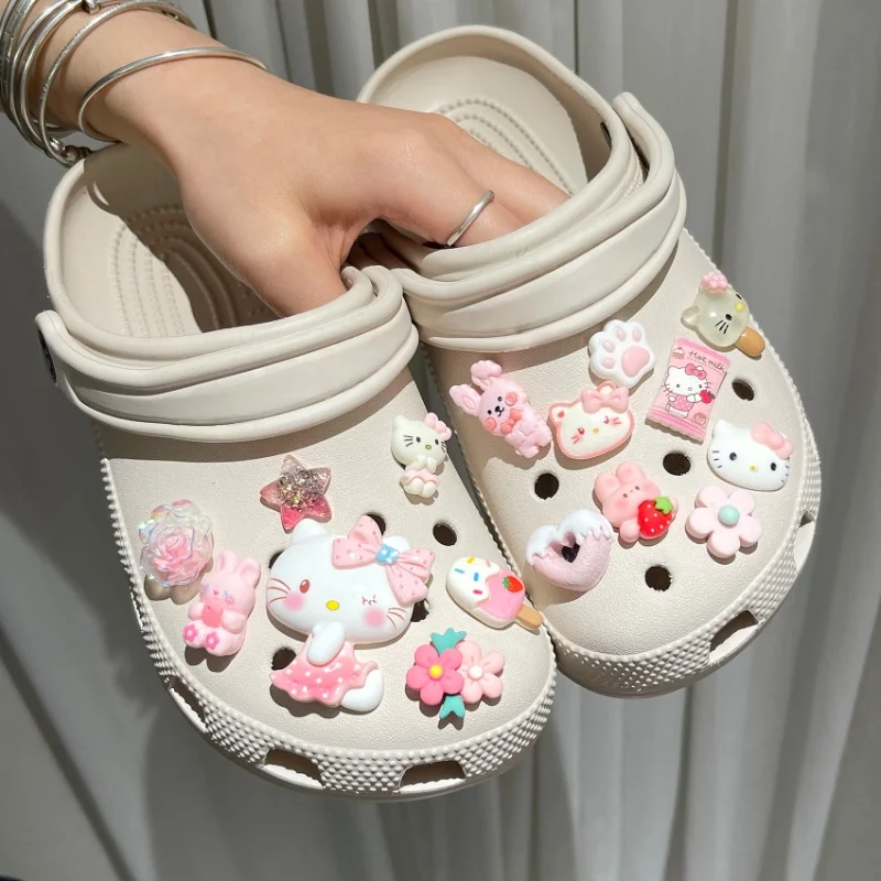 Mesuca Pink Series Hello Kitty Shoe Charms Set Kawaii Resin Decoration Accessories Removable Shoes Accessories Xmas Party Gifts