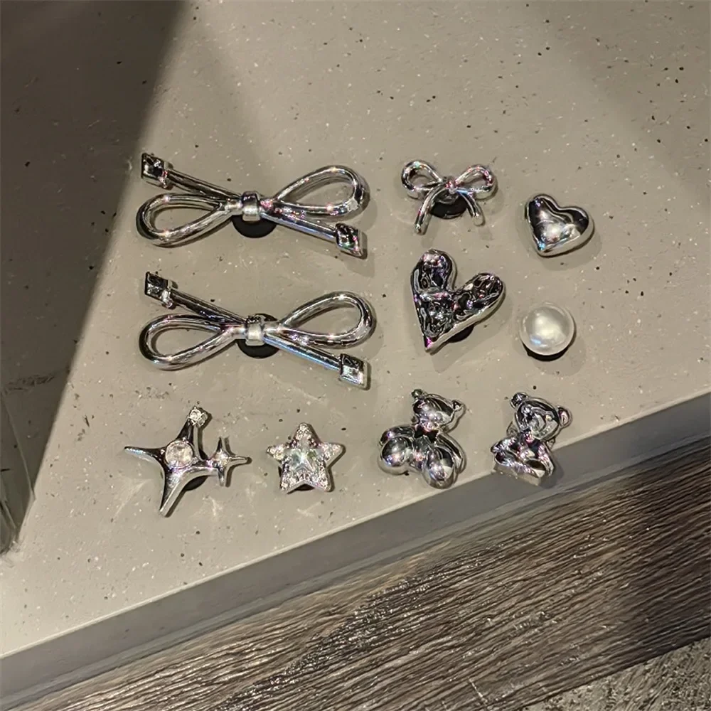 New 1Set Black White Dot Shoe Charms Set DIY Bow Star Pearl Shoe Decorations Silver Advanced Detachable Buckle Shoes Accessories