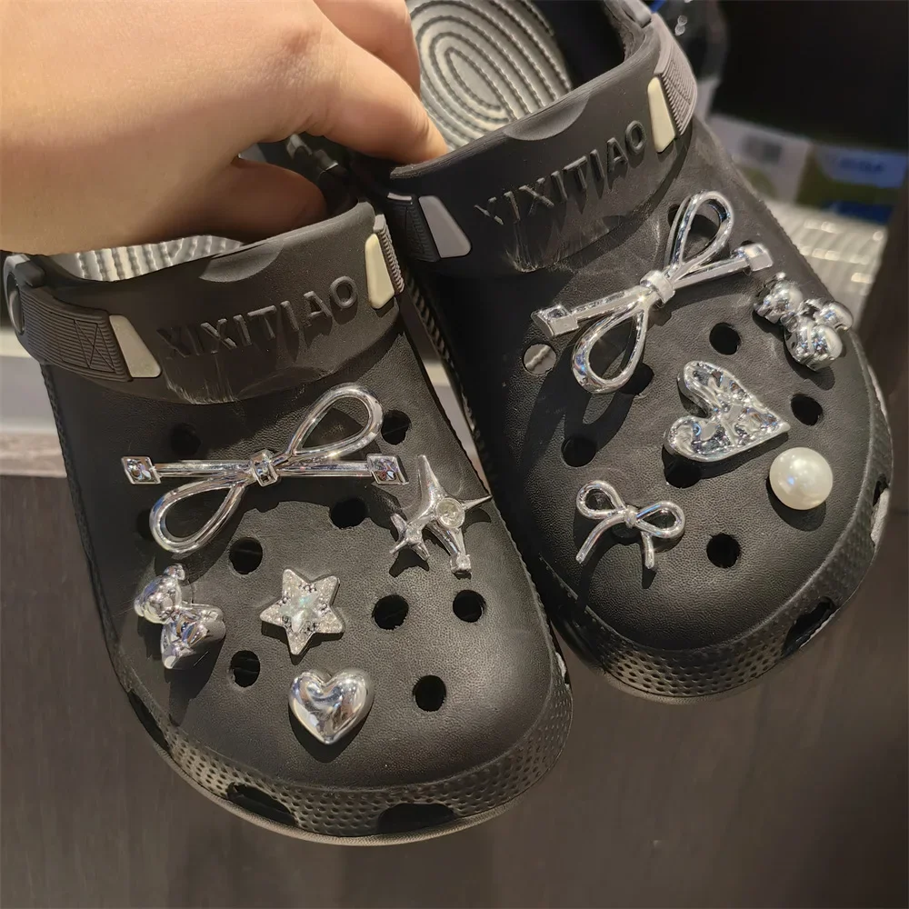 New 1Set Black White Dot Shoe Charms Set DIY Bow Star Pearl Shoe Decorations Silver Advanced Detachable Buckle Shoes Accessories