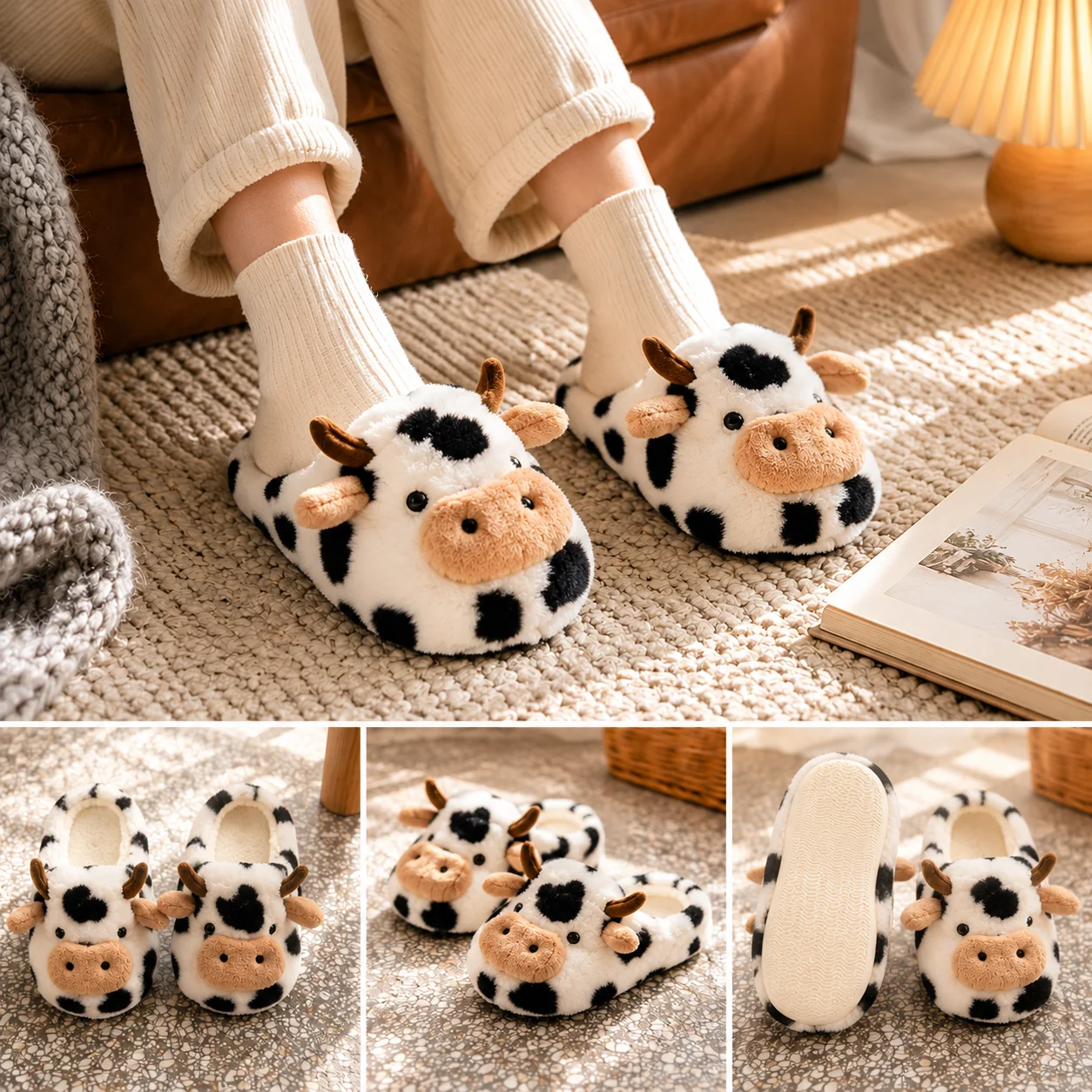 A Pair of Cute Cartoon 3D Cow Plush Slippers for Women, Comfortable Fluffy Home Slippers with Soft Soles for the Bedroom, Cute 3D Milk-Themed Warm Non-Slip Indoor Slippers, Lightweight and Silent Comfortable Shoes for Women, a Top Choice for Holiday Gifts