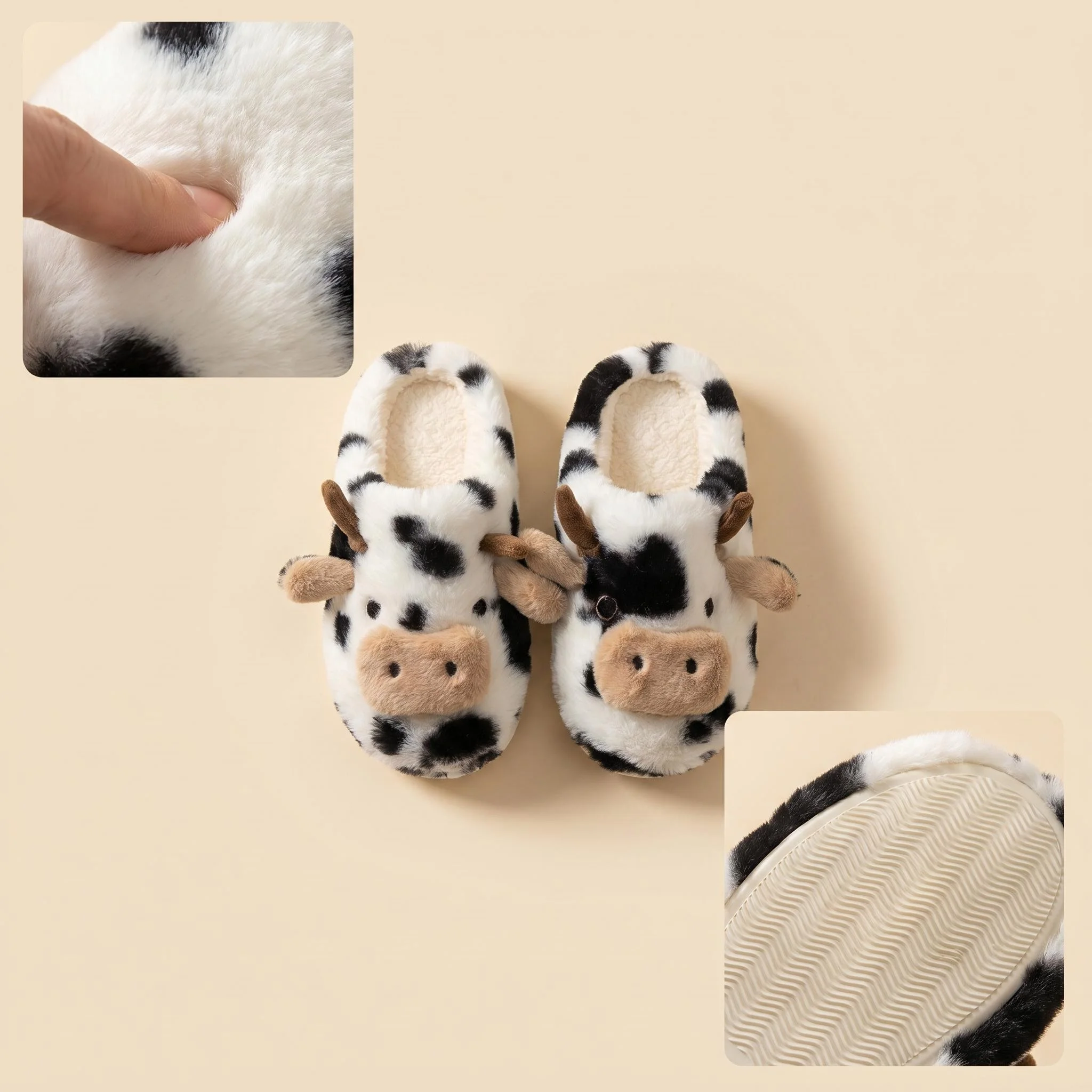 A Pair of Cute Cartoon 3D Cow Plush Slippers for Women, Comfortable Fluffy Home Slippers with Soft Soles for the Bedroom, Cute 3D Milk-Themed Warm Non-Slip Indoor Slippers, Lightweight and Silent Comfortable Shoes for Women, a Top Choice for Holiday Gifts
