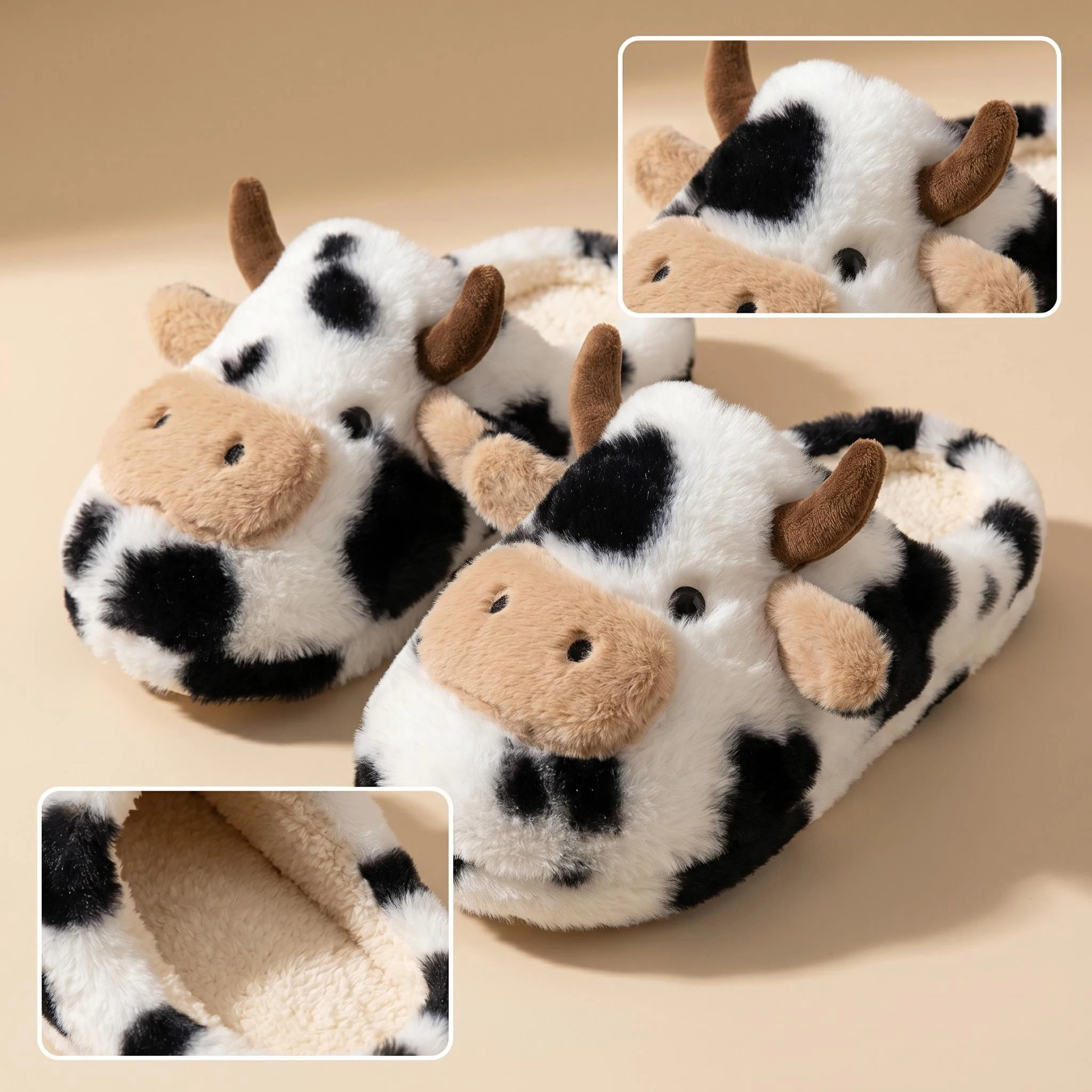 A Pair of Cute Cartoon 3D Cow Plush Slippers for Women, Comfortable Fluffy Home Slippers with Soft Soles for the Bedroom, Cute 3D Milk-Themed Warm Non-Slip Indoor Slippers, Lightweight and Silent Comfortable Shoes for Women, a Top Choice for Holiday Gifts