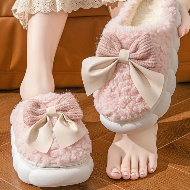 Women's Bow Slippers Thick-Soled Soft-Soled Bedroom Cotton Shoes Outdoor Indoor Winter Plush Non-Slip Bow Warm Houseshoes
