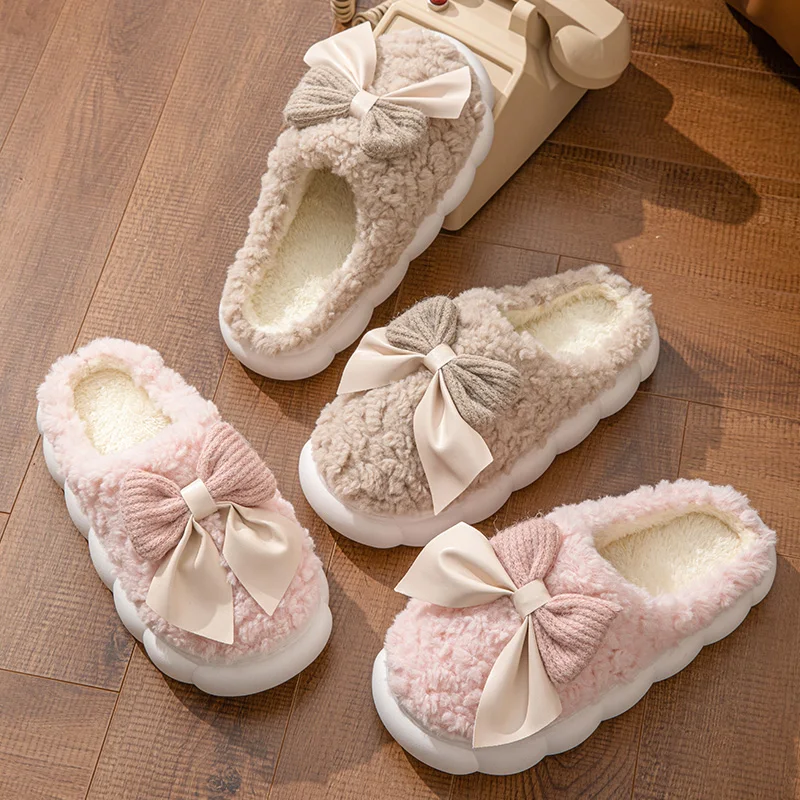 Women's Bow Slippers Thick-Soled Soft-Soled Bedroom Cotton Shoes Outdoor Indoor Winter Plush Non-Slip Bow Warm Houseshoes