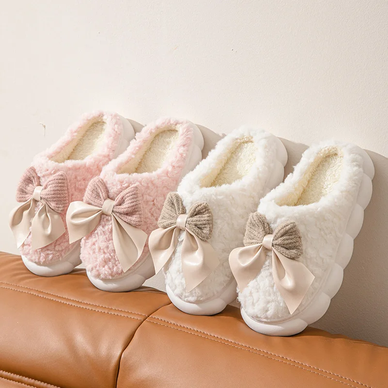 Women's Bow Slippers Thick-Soled Soft-Soled Bedroom Cotton Shoes Outdoor Indoor Winter Plush Non-Slip Bow Warm Houseshoes