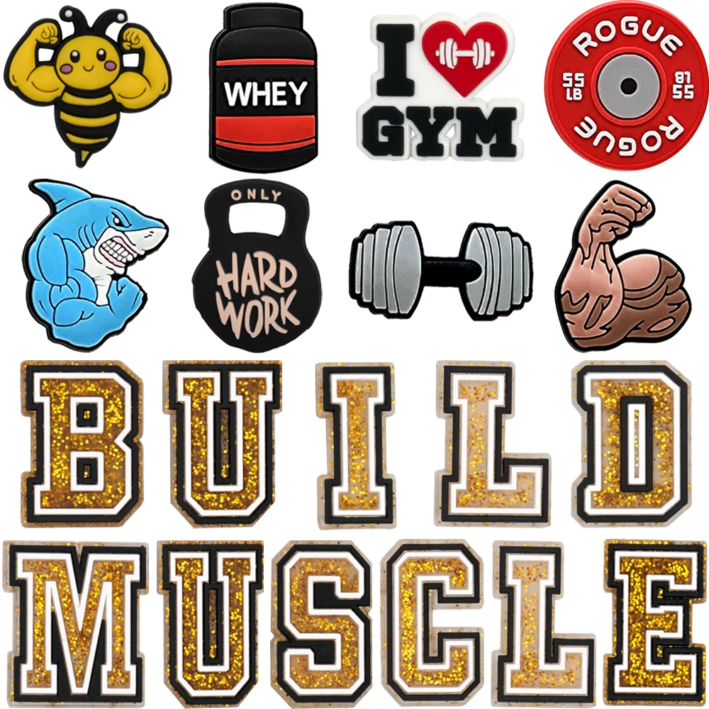 1/19PCS Muscle Series Shoe Charms Accessories,Dumbbell Pins for Shoe Decorations,26 Gold Letter Sandals Clogs Buckles