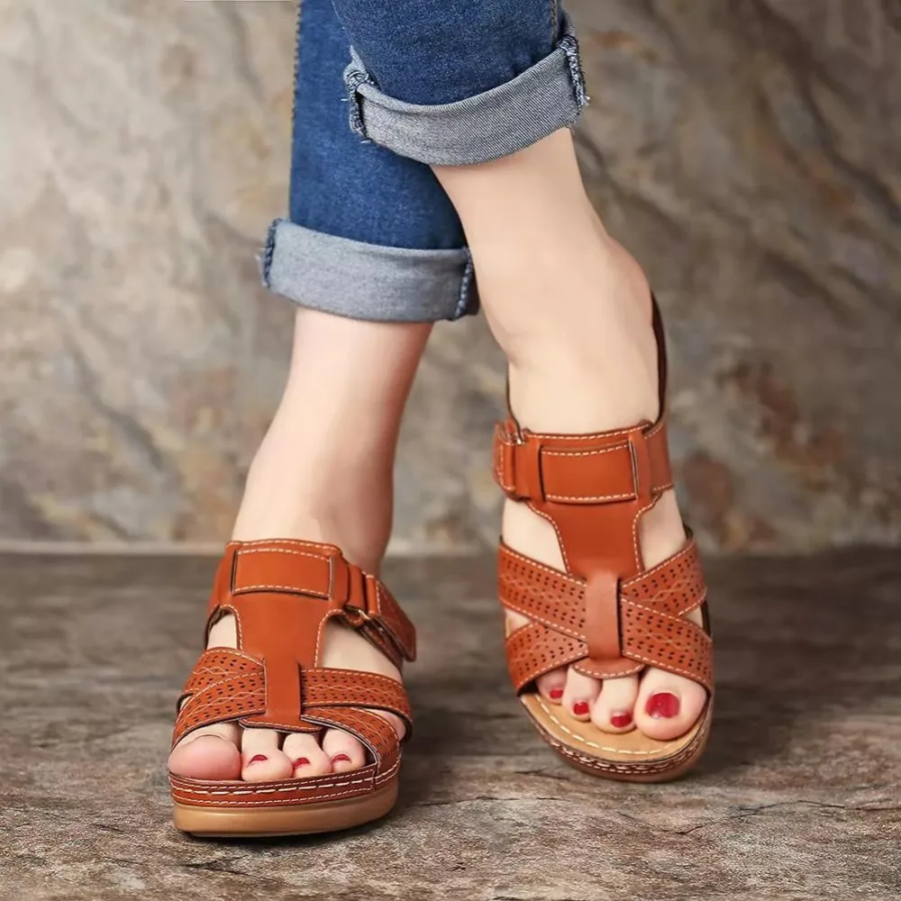 2026 Summer Women Wedge Sandals Premium Orthopedic Open Toe Sandals Vintage Anti-Slip Leather Casual Female Platform Retro Shoes