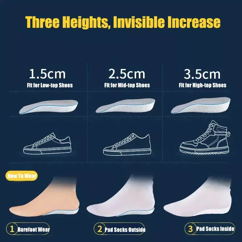New Half Invisible Heighten Shoe Insoles Heel Insert Sport Cushion Height Increase EVA Memory Foam Heel Lifting 1.5/2.5/3.5CM