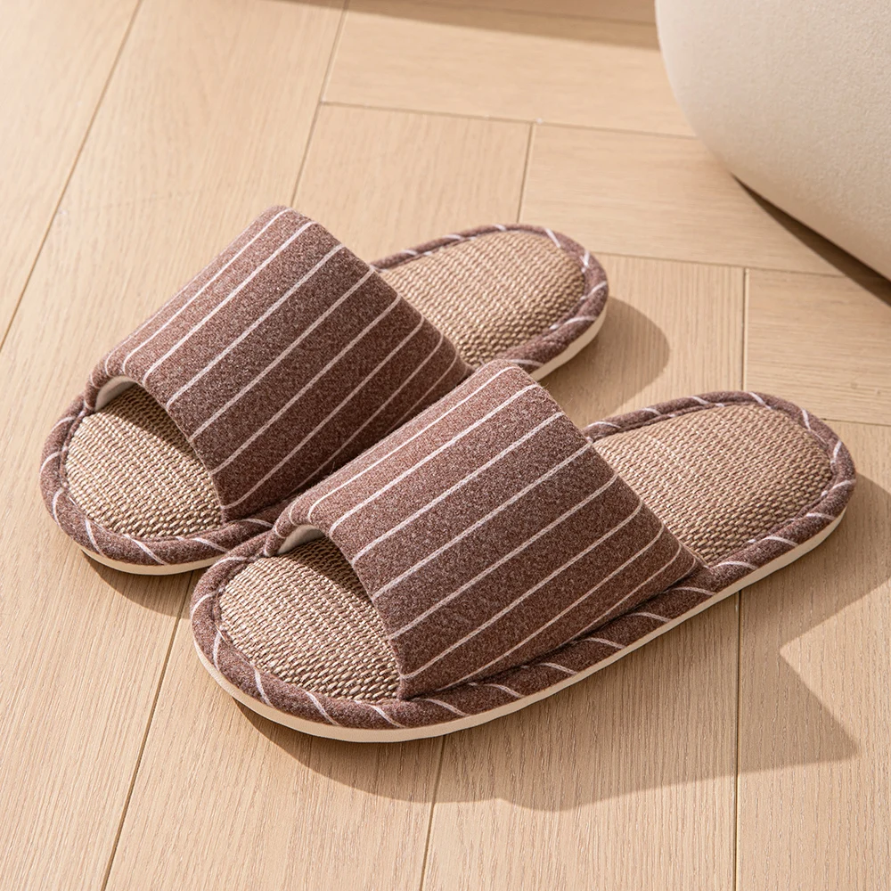 Women Spring and Autumn Slippers Fashion Stripe Flax Indoor Non-slip Comfy Soft Sole Couple Bedroom Causal Flat Shoes