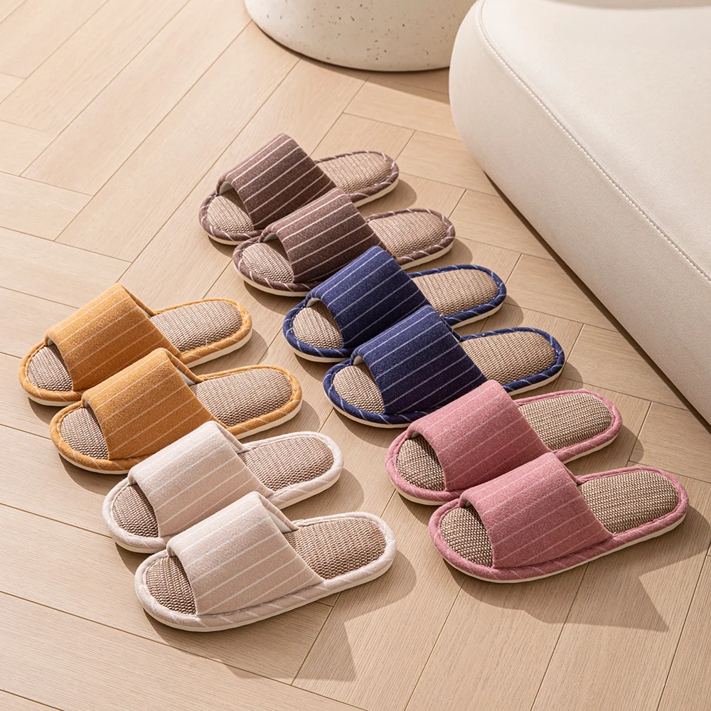 Women Spring and Autumn Slippers Fashion Stripe Flax Indoor Non-slip Comfy Soft Sole Couple Bedroom Causal Flat Shoes