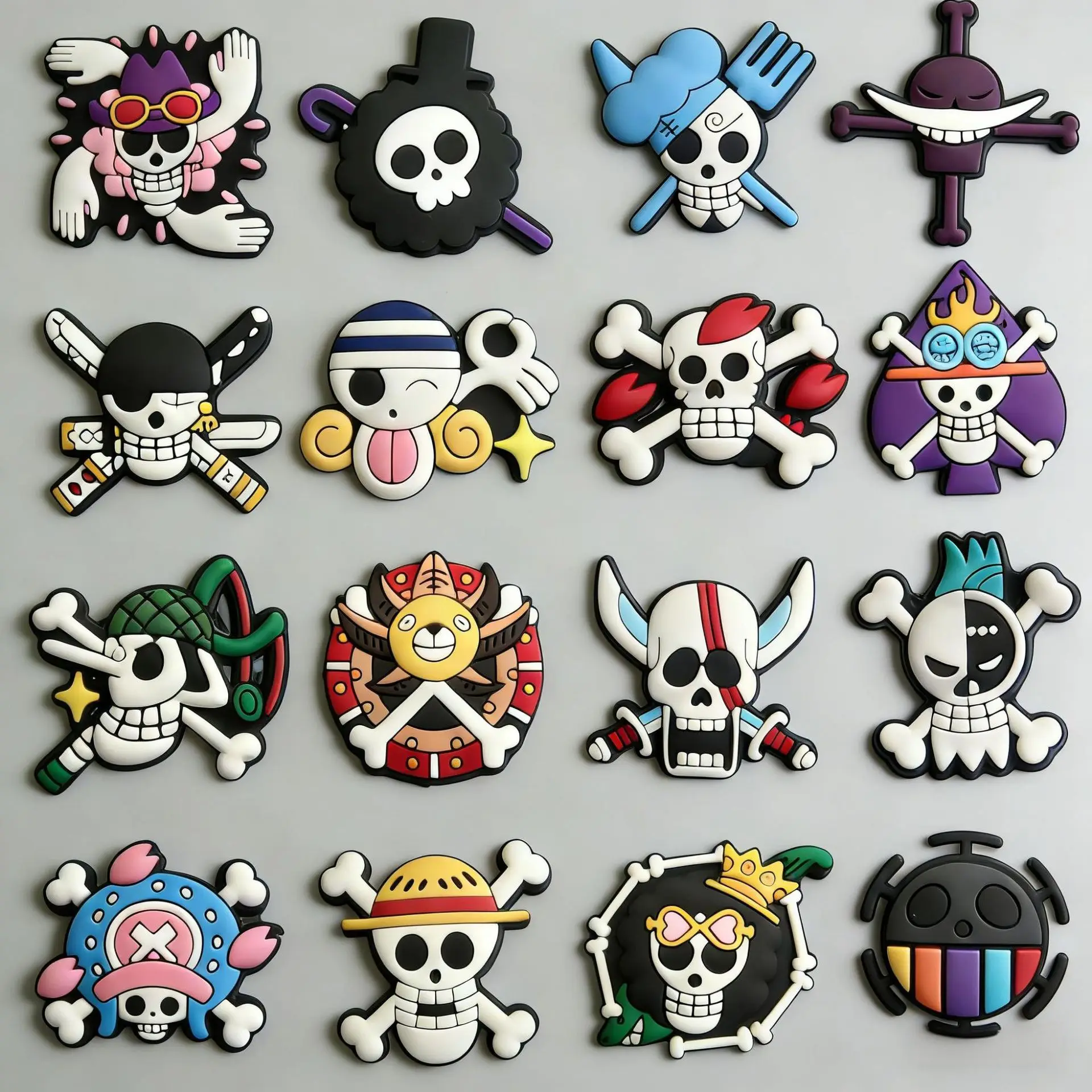 16Pcs Cartoon Pirate Skull PVC Shoe Charms Set Waterproof Detachable Garden Shoe Decor Anime Pattern DIY Accessories