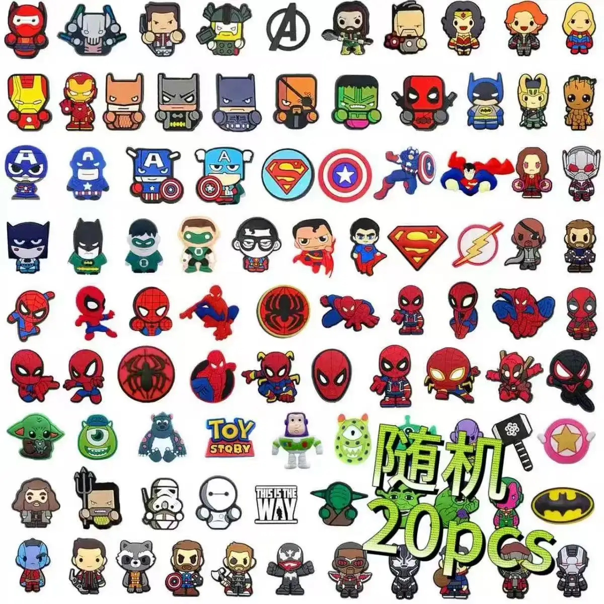 Random 20-200Pcs Hot Toys Marvel Spider-Man Series Shoe Charms For Clogs,PVC Shoe DIY Decorations Premium Quality Accessories