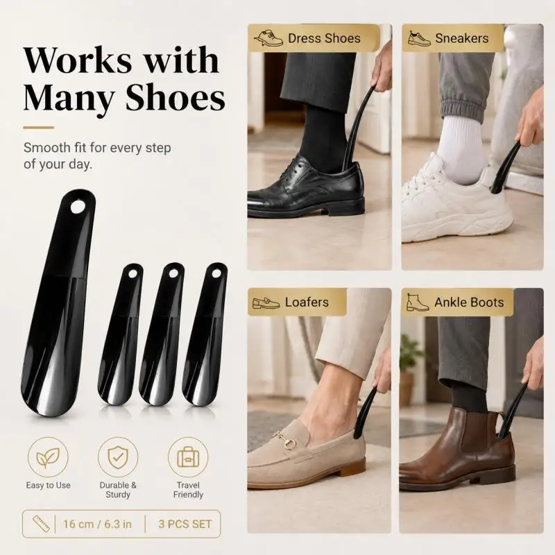 Compact Shoe Horn Set - Durable Plastic, 16cm, Ideal for Travel & Home Use
