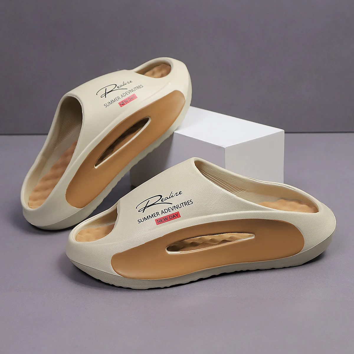 Men's Sport Slippers - Lightweight EVA Non-Slip Slides with " Summer Adventures New Day" Graphic, Open-Toe Design for Indoor/Out