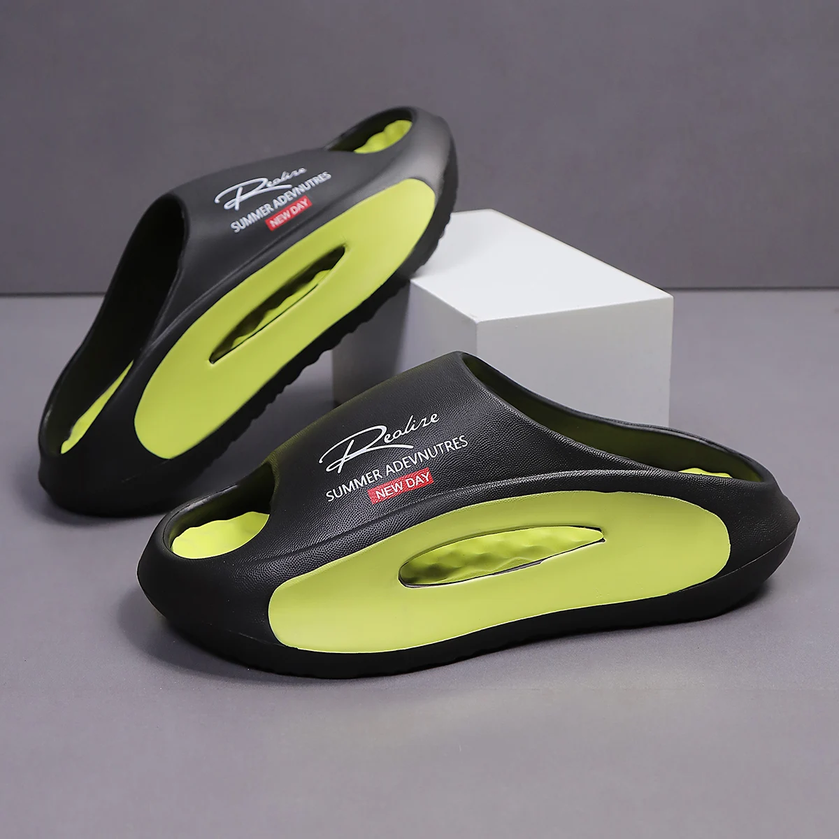 Men's Sport Slippers - Lightweight EVA Non-Slip Slides with " Summer Adventures New Day" Graphic, Open-Toe Design for Indoor/Out