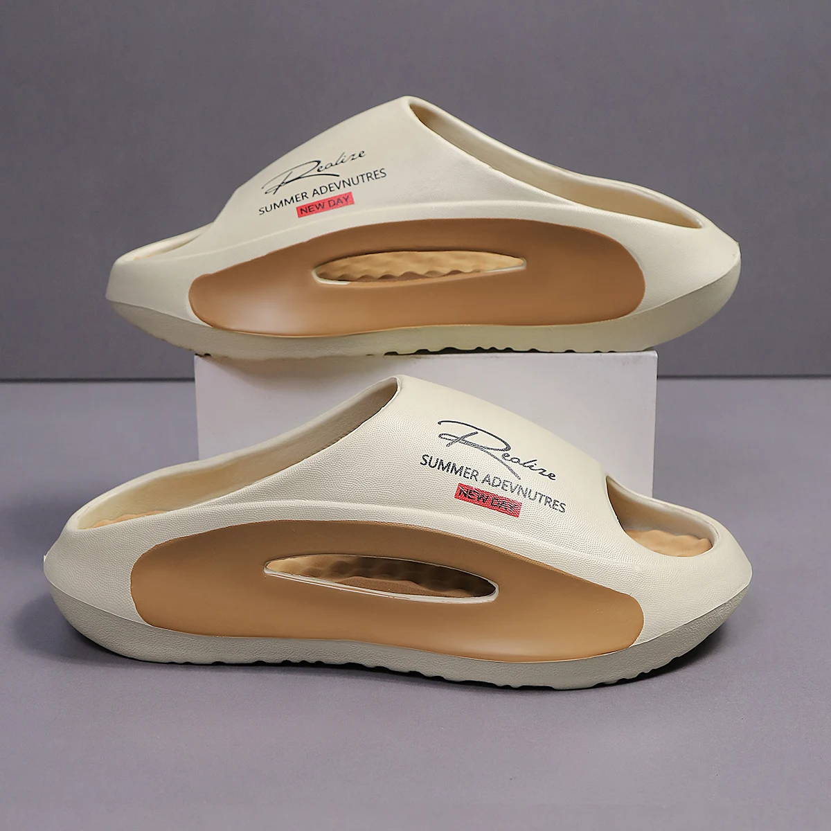 Men's Sport Slippers - Lightweight EVA Non-Slip Slides with " Summer Adventures New Day" Graphic, Open-Toe Design for Indoor/Out