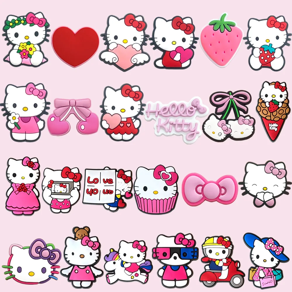 24Pcs/Lot Hello Kitty PVC Shoe Charms Pink Bow Strawberry Cupcake Detachable Clog Shoe DIY Decor Accessories Gift
