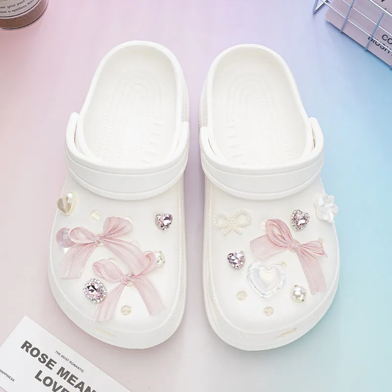 Luxury Bow Heart Shoe Charms for Summer Beach Sandals Rhinestone Ballet Style Decorations DIY Accessories Women Girls Gifts