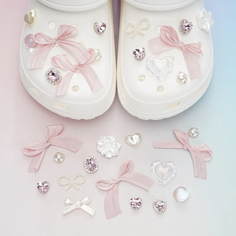 Luxury Bow Heart Shoe Charms for Summer Beach Sandals Rhinestone Ballet Style Decorations DIY Accessories Women Girls Gifts