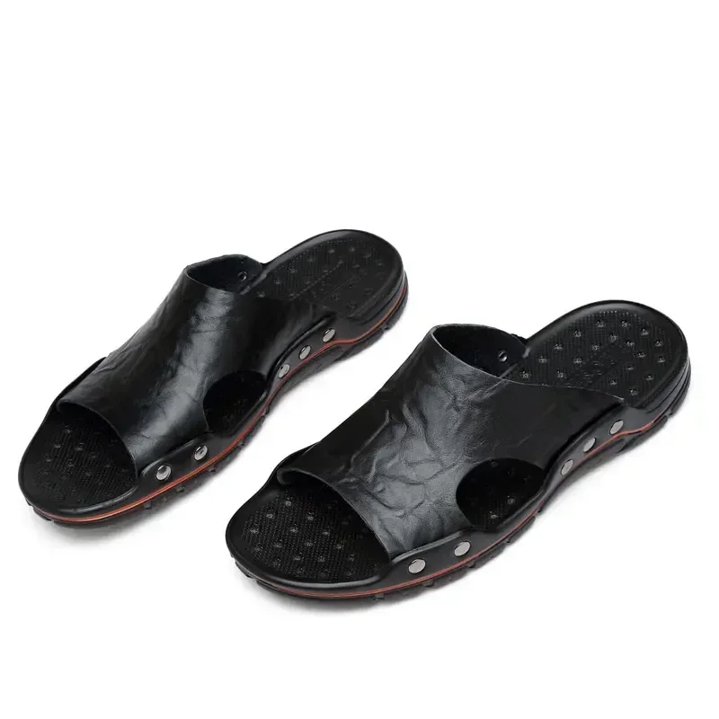 YRZL Mens Sandals PU Leather Classic Summer Men Slippers Soft Black Slippers Big Size Slippers Lightweight EVA Slides for Men