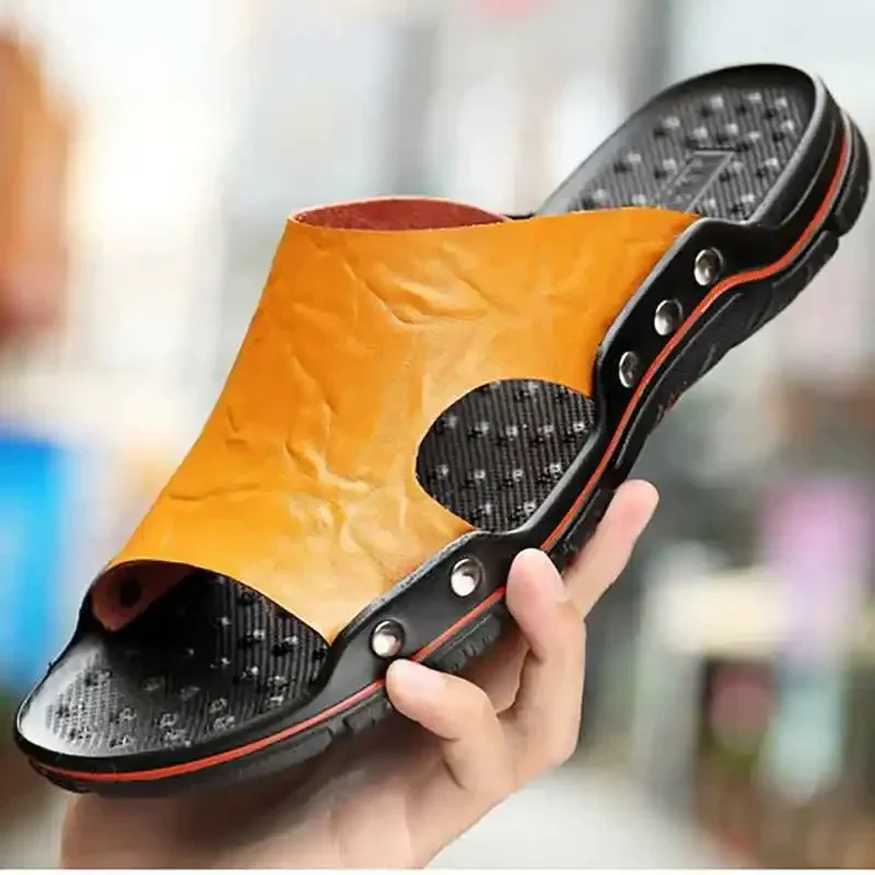 YRZL Mens Sandals PU Leather Classic Summer Men Slippers Soft Black Slippers Big Size Slippers Lightweight EVA Slides for Men