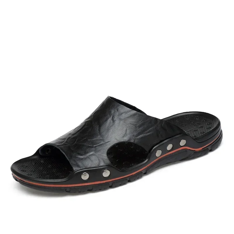 YRZL Mens Sandals PU Leather Classic Summer Men Slippers Soft Black Slippers Big Size Slippers Lightweight EVA Slides for Men