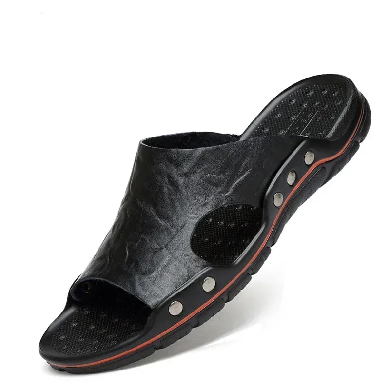 YRZL Mens Sandals PU Leather Classic Summer Men Slippers Soft Black Slippers Big Size Slippers Lightweight EVA Slides for Men
