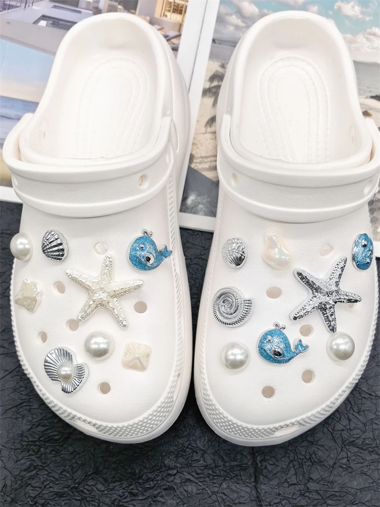 16PCS Luxury Ocean Starfish ABS Shoe Charms Accessories Scallop Mermaid Clogs Shoe Buckles DIY Decorations Jellyfish Shoe Clips