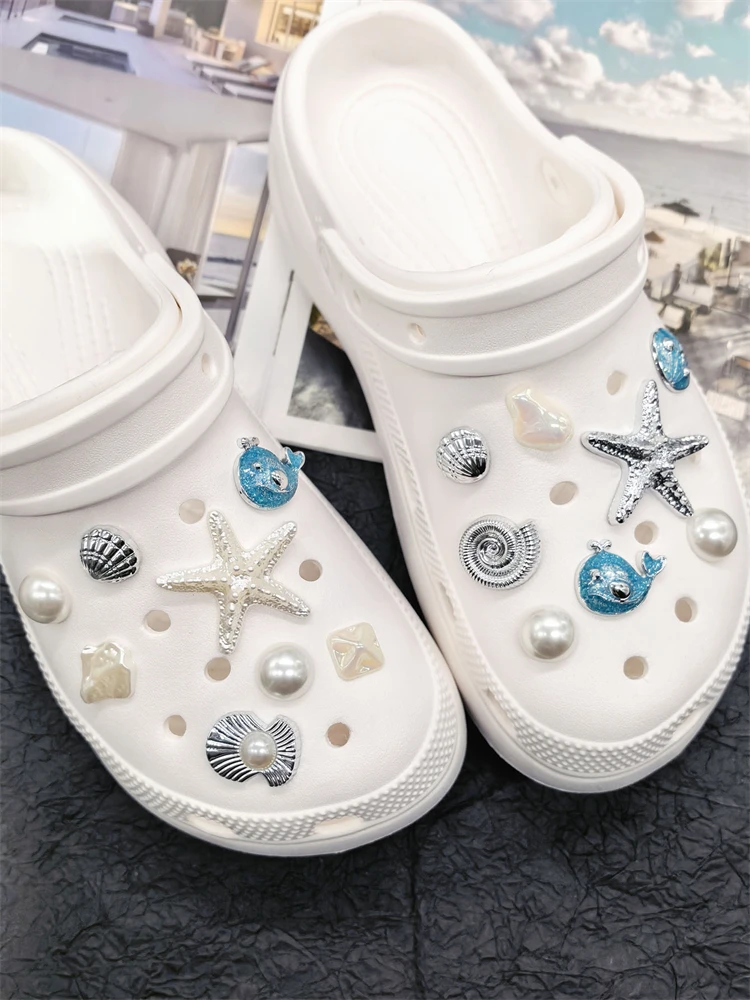 16PCS Luxury Ocean Starfish ABS Shoe Charms Accessories Scallop Mermaid Clogs Shoe Buckles DIY Decorations Jellyfish Shoe Clips