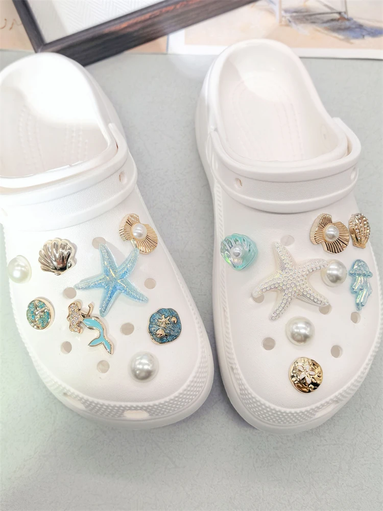 16PCS Luxury Ocean Starfish ABS Shoe Charms Accessories Scallop Mermaid Clogs Shoe Buckles DIY Decorations Jellyfish Shoe Clips