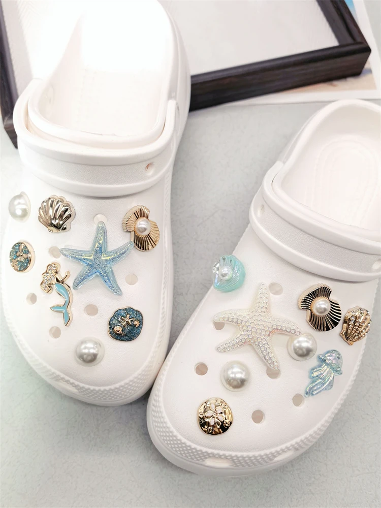 16PCS Luxury Ocean Starfish ABS Shoe Charms Accessories Scallop Mermaid Clogs Shoe Buckles DIY Decorations Jellyfish Shoe Clips