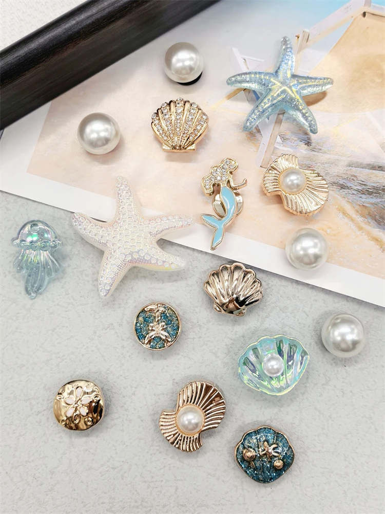 16PCS Luxury Ocean Starfish ABS Shoe Charms Accessories Scallop Mermaid Clogs Shoe Buckles DIY Decorations Jellyfish Shoe Clips