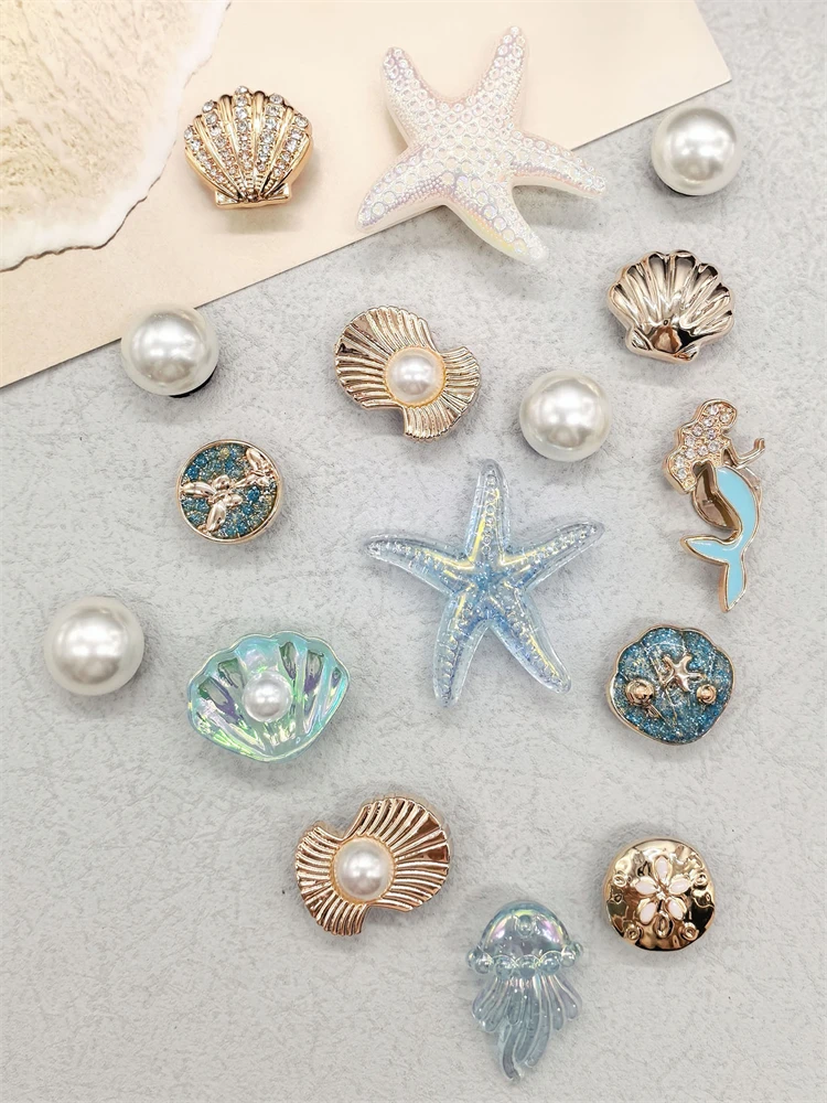 16PCS Luxury Ocean Starfish ABS Shoe Charms Accessories Scallop Mermaid Clogs Shoe Buckles DIY Decorations Jellyfish Shoe Clips