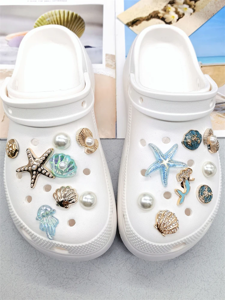 16PCS Luxury Ocean Starfish ABS Shoe Charms Accessories Scallop Mermaid Clogs Shoe Buckles DIY Decorations Jellyfish Shoe Clips